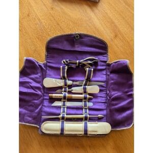 Vintage La Cross Grooming Set 6 Piece  Abalone with Purple Case